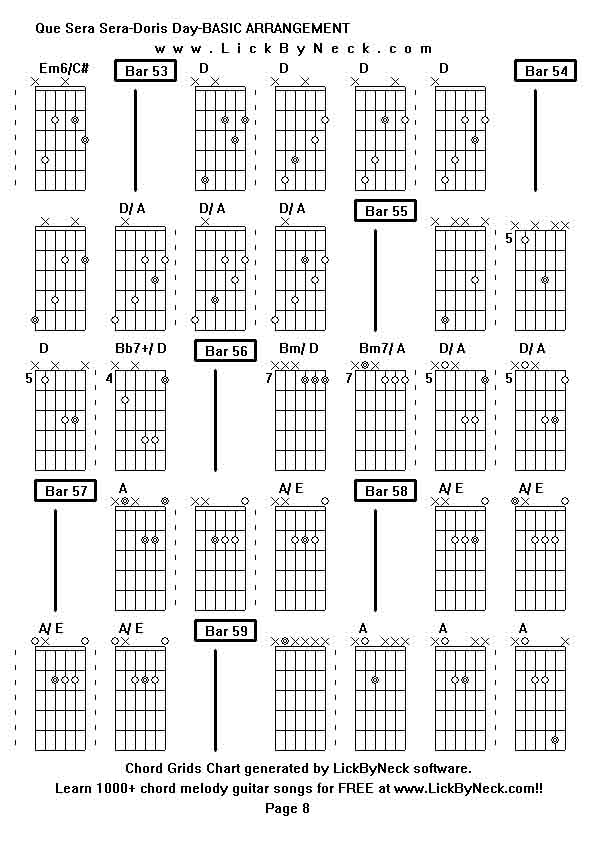 Chord Grids Chart of chord melody fingerstyle guitar song-Que Sera Sera-Doris Day-BASIC ARRANGEMENT,generated by LickByNeck software.